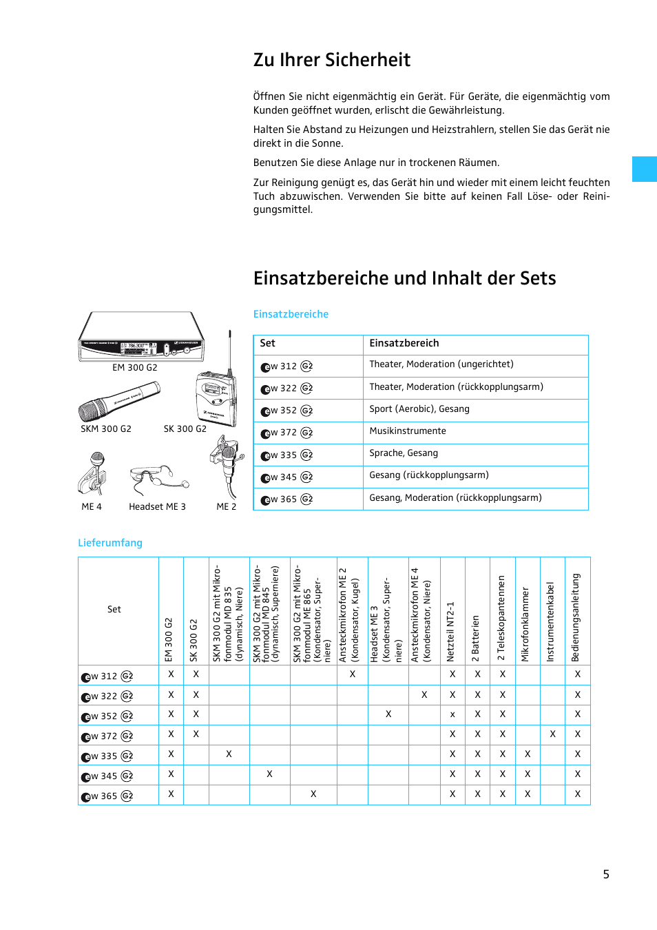 Zu ihrer sicherheit, Einsatzbereiche und inhalt der sets, Einsatzbereiche | Lieferumfang | Sennheiser EW 300 G2 User Manual | Page 5 / 180