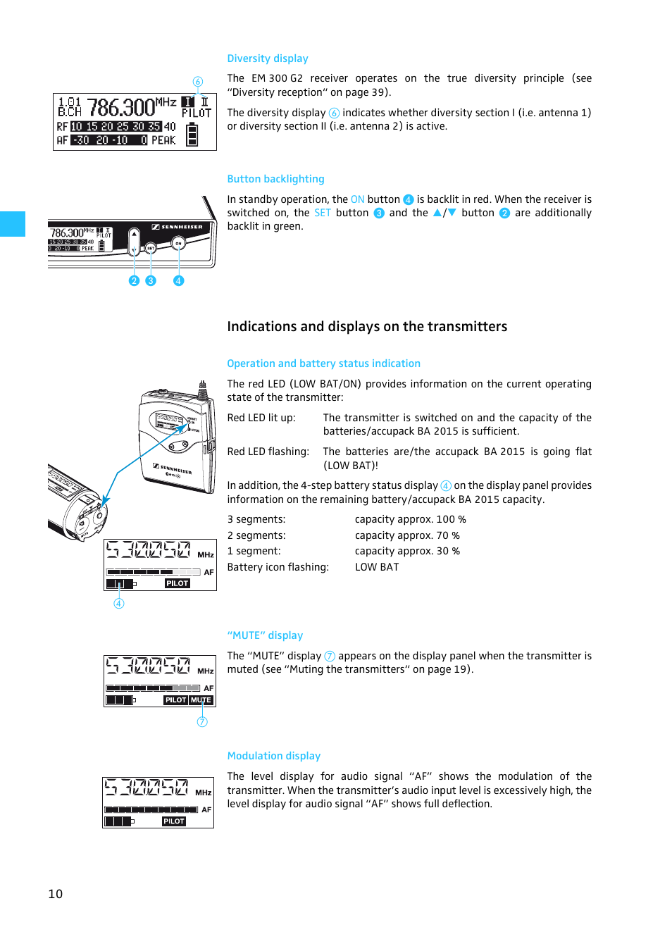 Diversity display, Button backlighting, Indications and displays on the transmitters | Operation and battery status indication, Mute” display, Modulation display | Sennheiser EW 300 G2 User Manual | Page 55 / 180