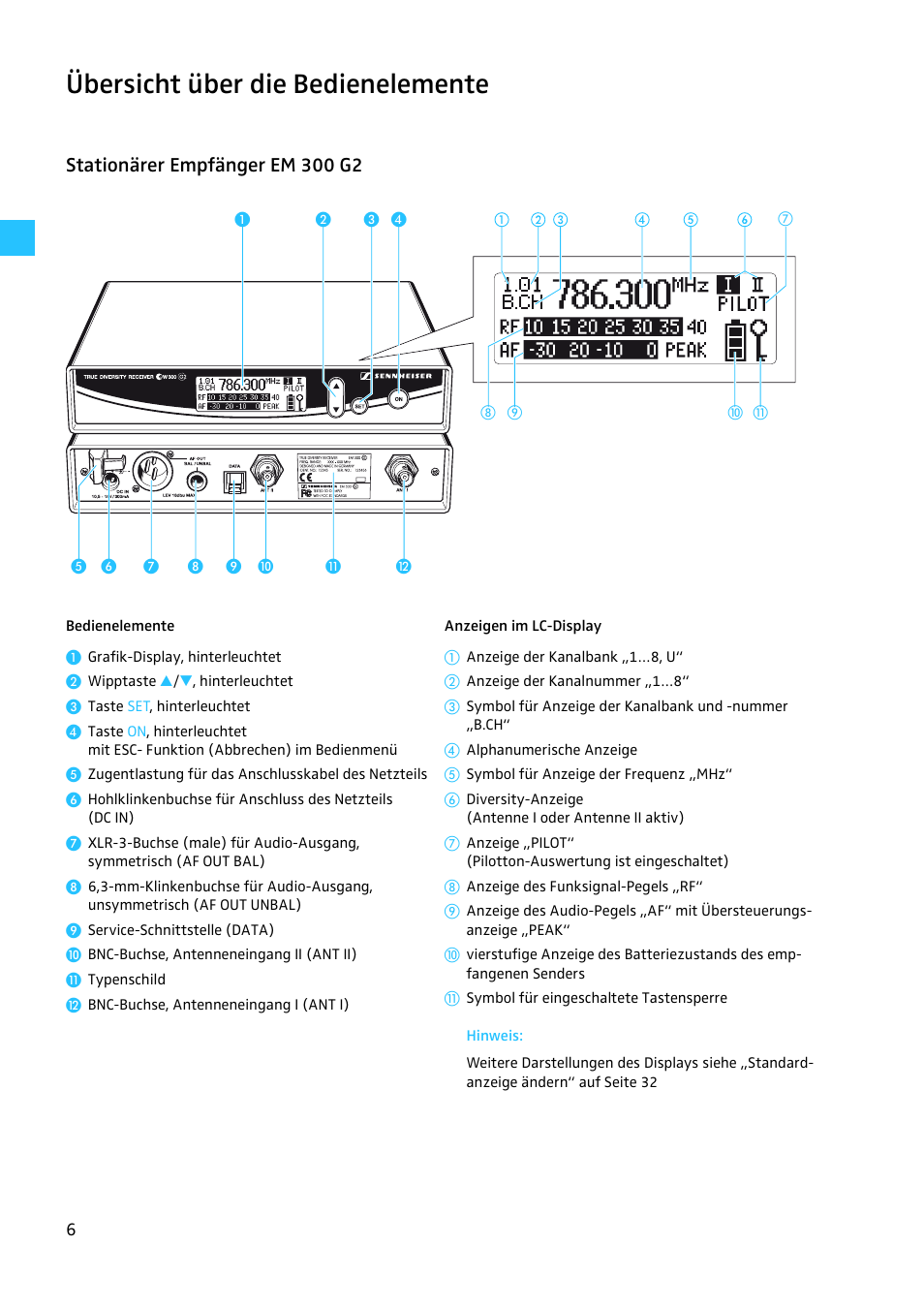 Übersicht über die bedienelemente, Stationärer empfänger em 300 g2 | Sennheiser EW 300 G2 User Manual | Page 6 / 180