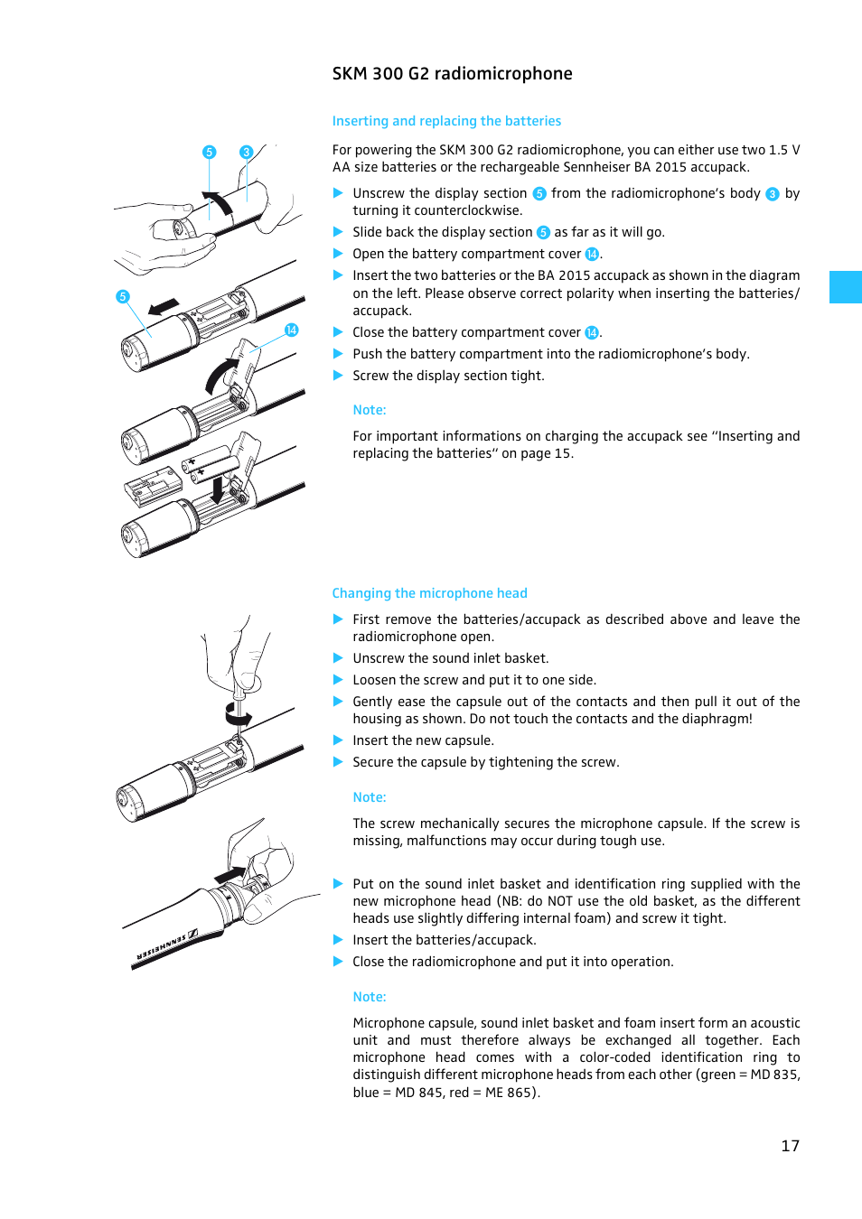 Skm 300 g2 radiomicrophone, Inserting and replacing the batteries, Changing the microphone head | Sennheiser EW 300 G2 User Manual | Page 62 / 180