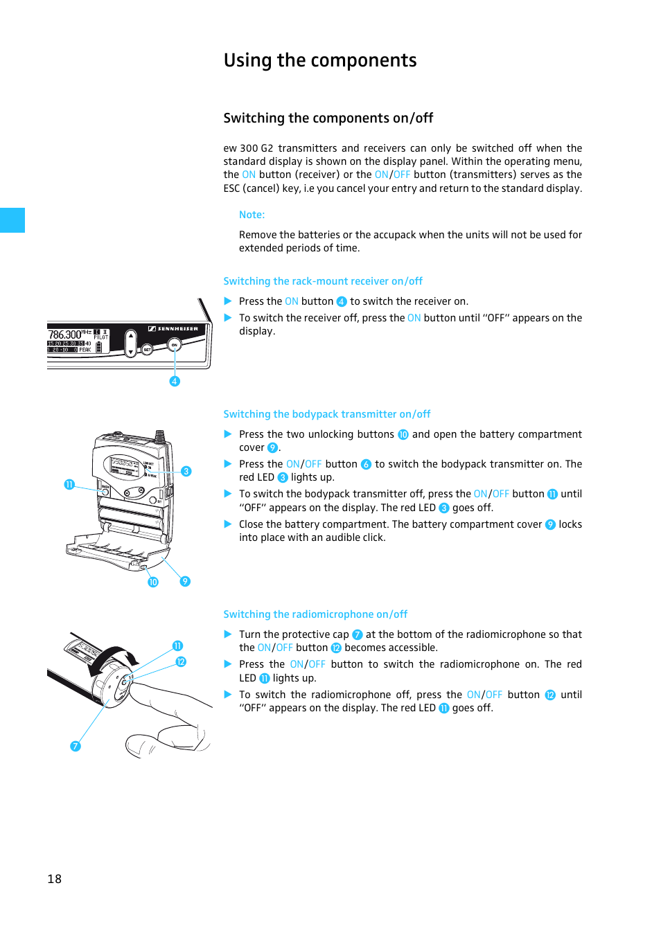 Using the components, Switching the components on/off, Switching the rack-mount receiver on/off | Switching the bodypack transmitter on/off, Switching the radiomicrophone on/off | Sennheiser EW 300 G2 User Manual | Page 63 / 180