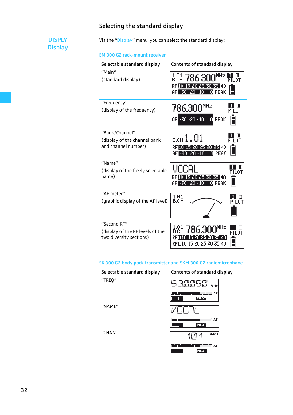 Selecting the standard display, Em 300 g2 rack-mount receiver, Selecting the standard display disply display | Sennheiser EW 300 G2 User Manual | Page 77 / 180
