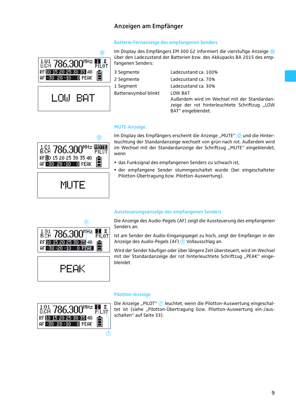 Anzeigen am empfänger, Batterie-fernanzeige des empfangenen senders, Mute-anzeige | Aussteuerungsanzeige des empfangenen senders, Pilotton-anzeige | Sennheiser EW 300 G2 User Manual | Page 9 / 180