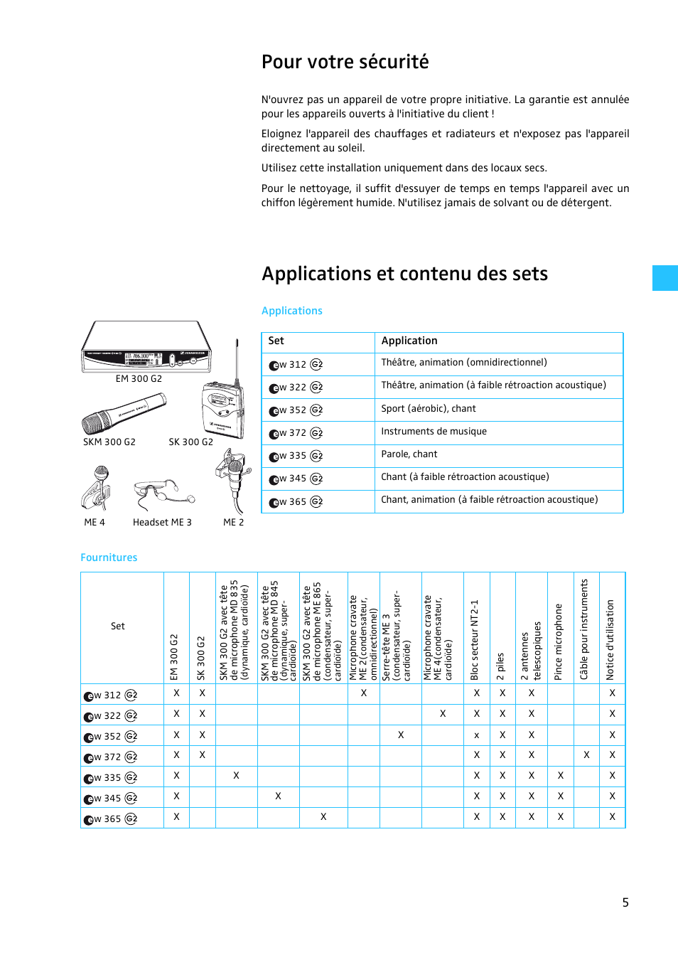 Pour votre sécurité, Applications et contenu des sets, Applications | Fournitures | Sennheiser EW 300 G2 User Manual | Page 95 / 180