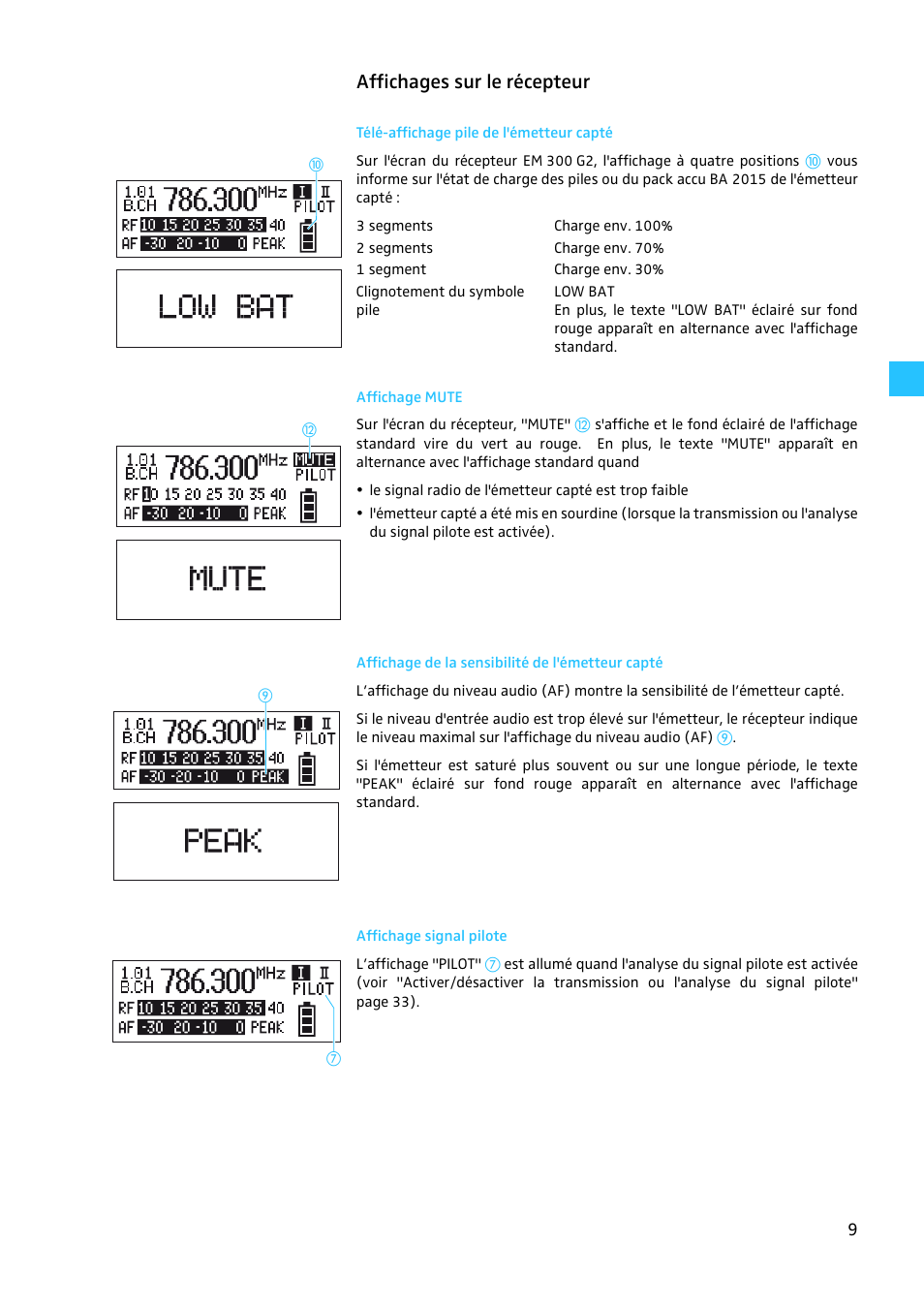 Affichages sur le récepteur, Télé-affichage pile de l'émetteur capté, Affichage mute | Affichage de la sensibilité de l'émetteur capté, Affichage signal pilote | Sennheiser EW 300 G2 User Manual | Page 99 / 180