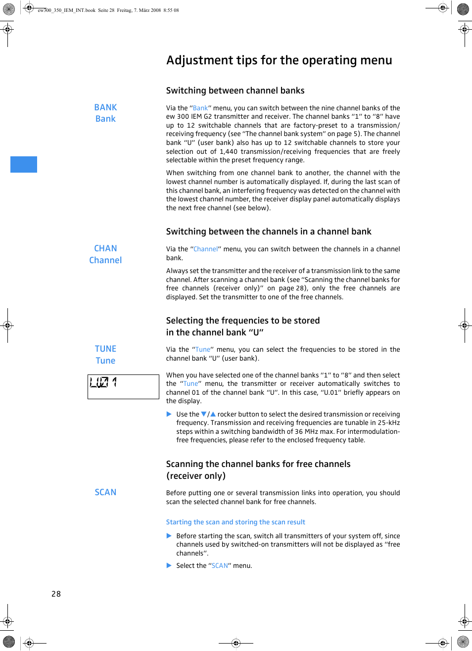Adjustment tips for the operating menu, Switching between channel banks, Switching between the channels in a channel bank | Starting the scan and storing the scan result | Sennheiser W300 IEM User Manual | Page 30 / 46