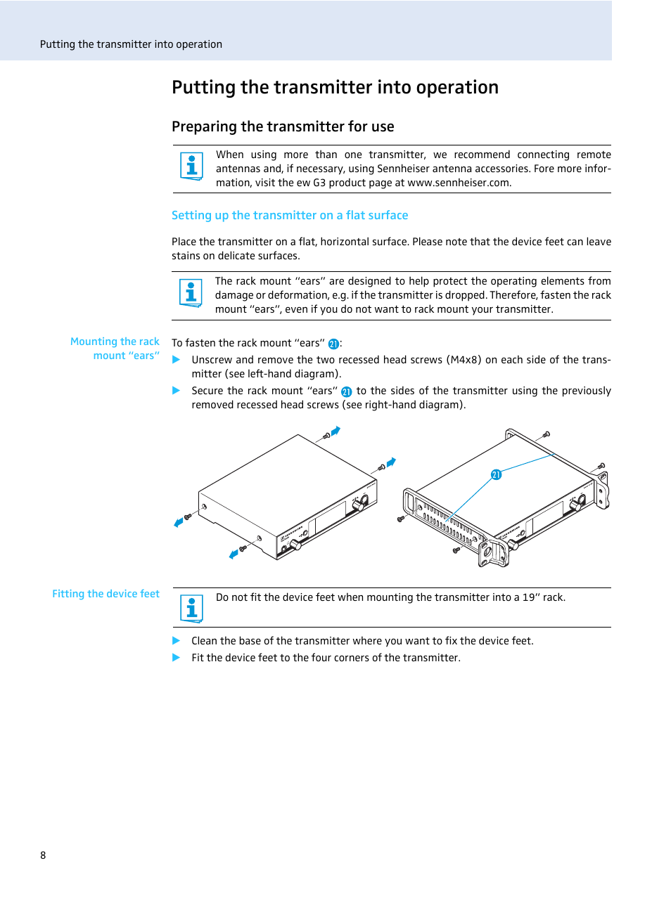 Putting the transmitter into operation, Preparing the transmitter for use, Setting up the transmitter on a flat surface | Sennheiser evolution wireless SR 300 IEM User Manual | Page 10 / 30