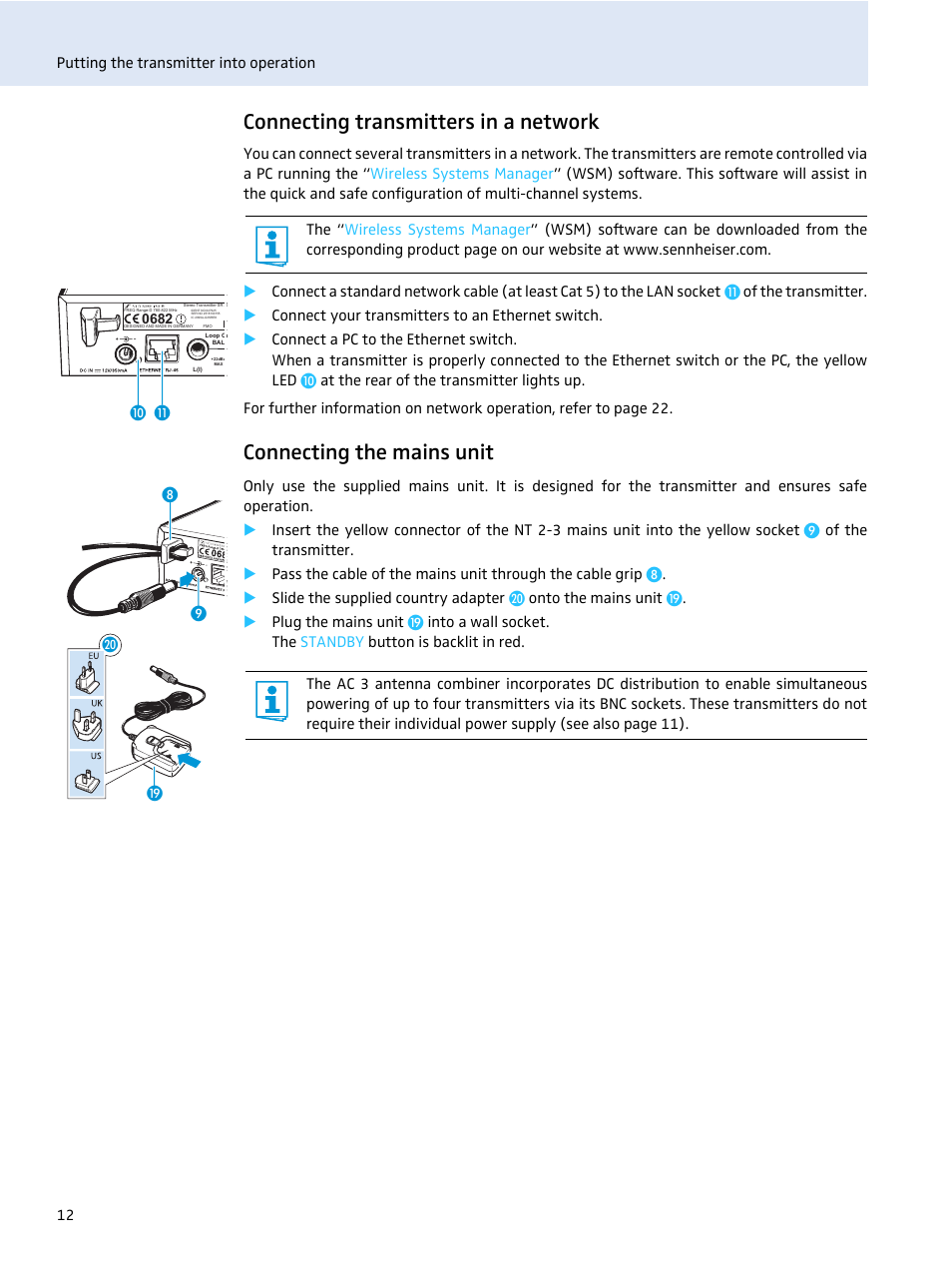 Connecting transmitters in a network, Connecting the mains unit | Sennheiser evolution wireless SR 300 IEM User Manual | Page 14 / 30