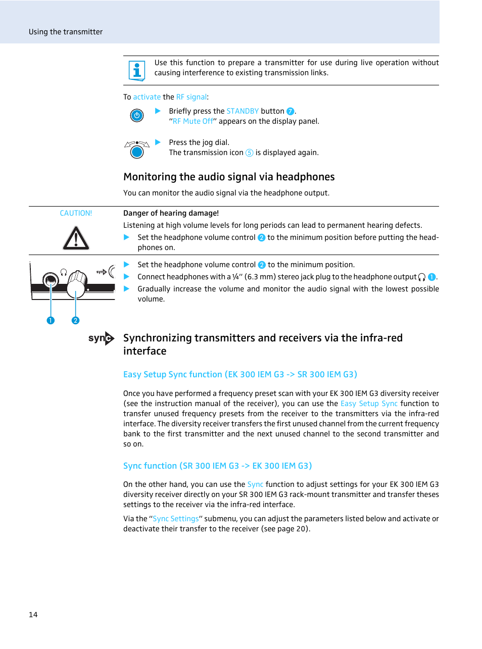 Monitoring the audio signal via headphones, Sync function (sr 300 iem g3 -> ek 300 iem g3) | Sennheiser evolution wireless SR 300 IEM User Manual | Page 16 / 30