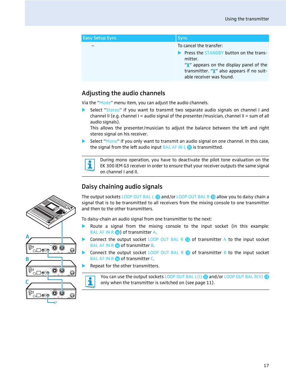 Adjusting the audio channels, Daisy chaining audio signals, Ab c | Sennheiser evolution wireless SR 300 IEM User Manual | Page 19 / 30