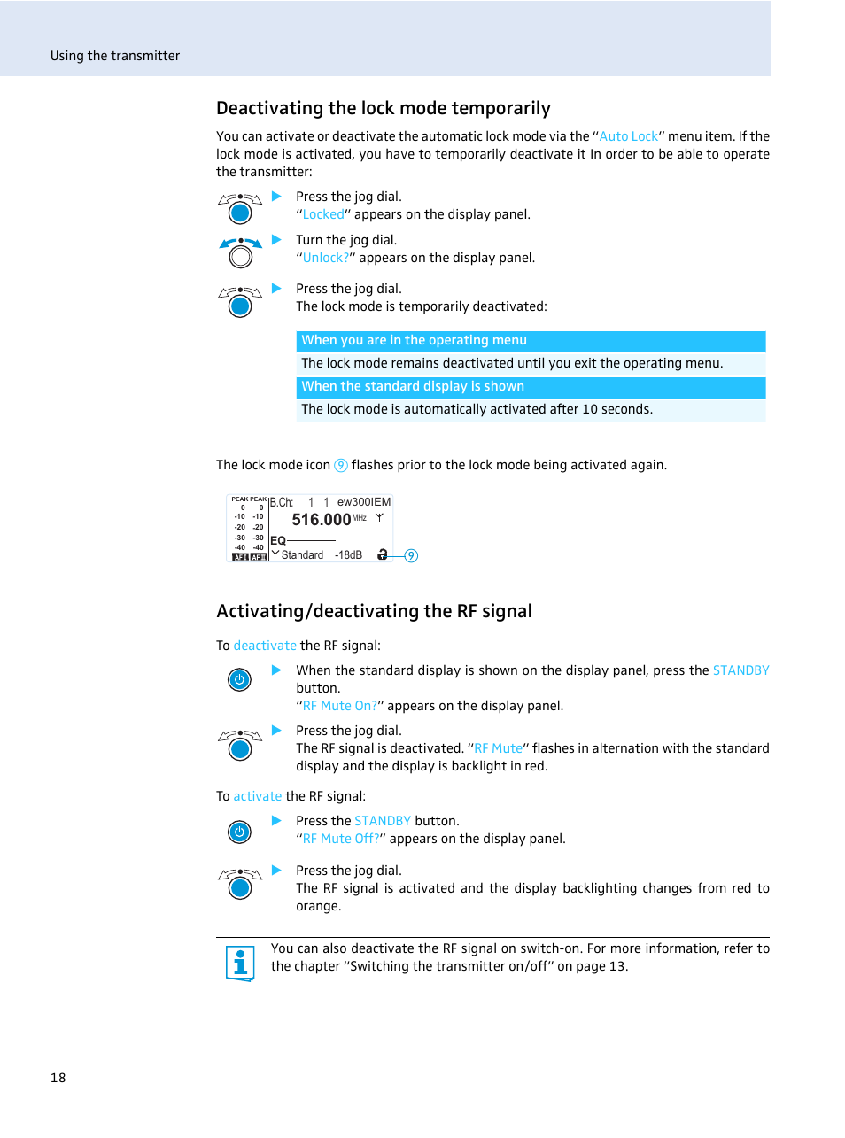 Deactivating the lock mode temporarily, Activating/deactivating the rf signal | Sennheiser evolution wireless SR 300 IEM User Manual | Page 20 / 30