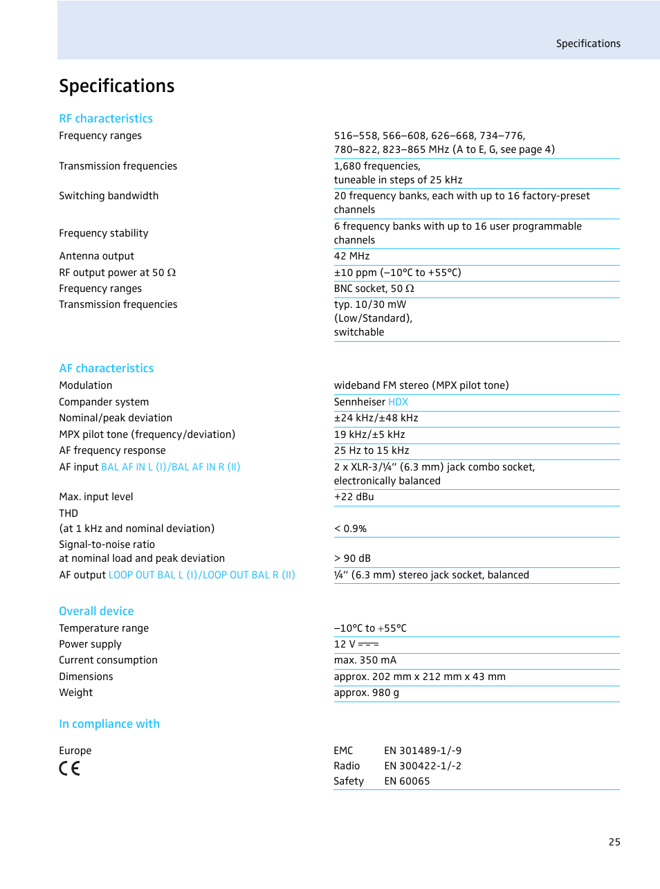 Specifications | Sennheiser evolution wireless SR 300 IEM User Manual | Page 27 / 30