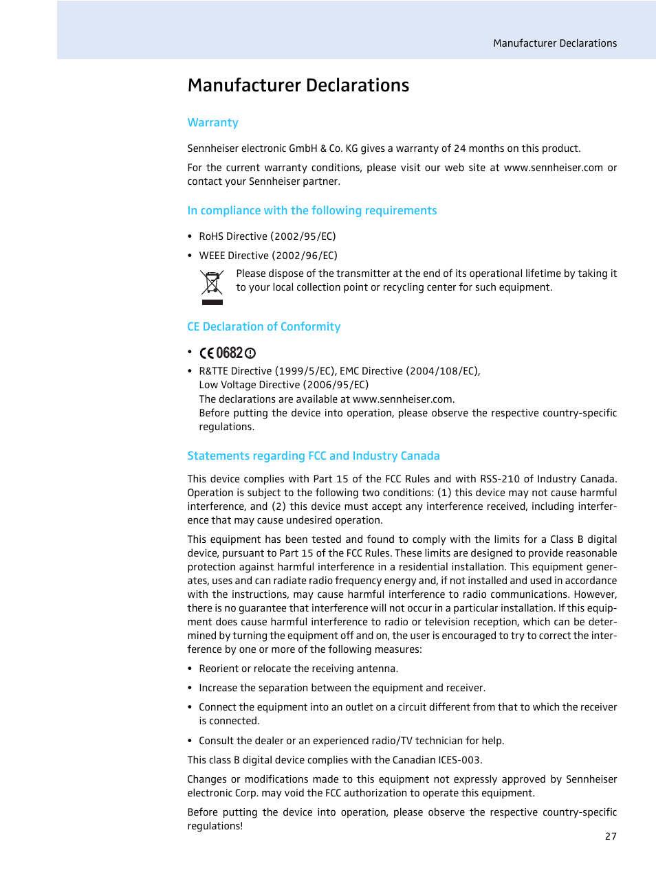 Manufacturer declarations, Warranty, In compliance with the following requirements | Ce declaration of conformity, Statements regarding fcc and industry canada | Sennheiser evolution wireless SR 300 IEM User Manual | Page 29 / 30