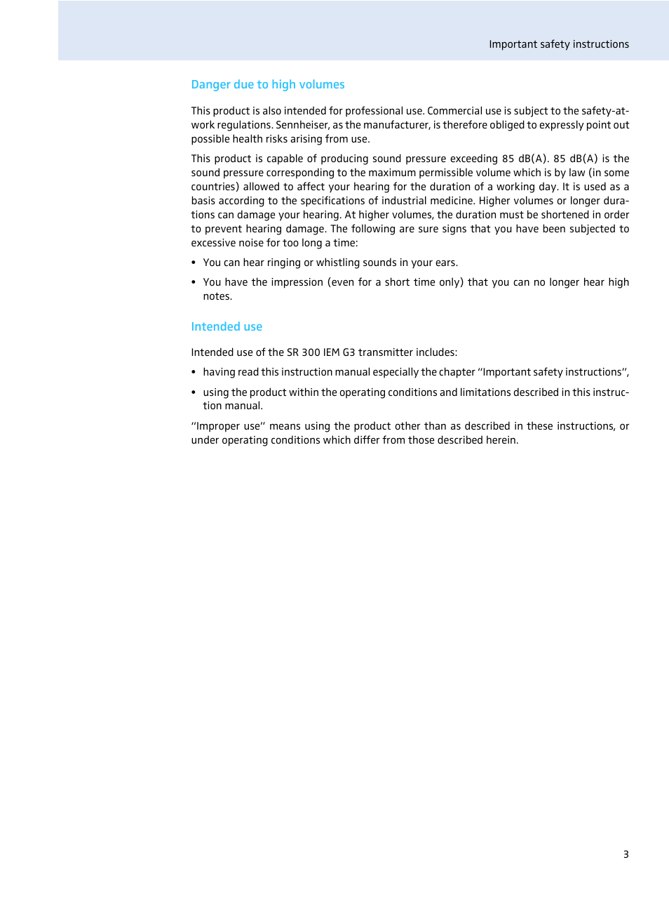 Danger due to high volumes, Intended use | Sennheiser evolution wireless SR 300 IEM User Manual | Page 5 / 30