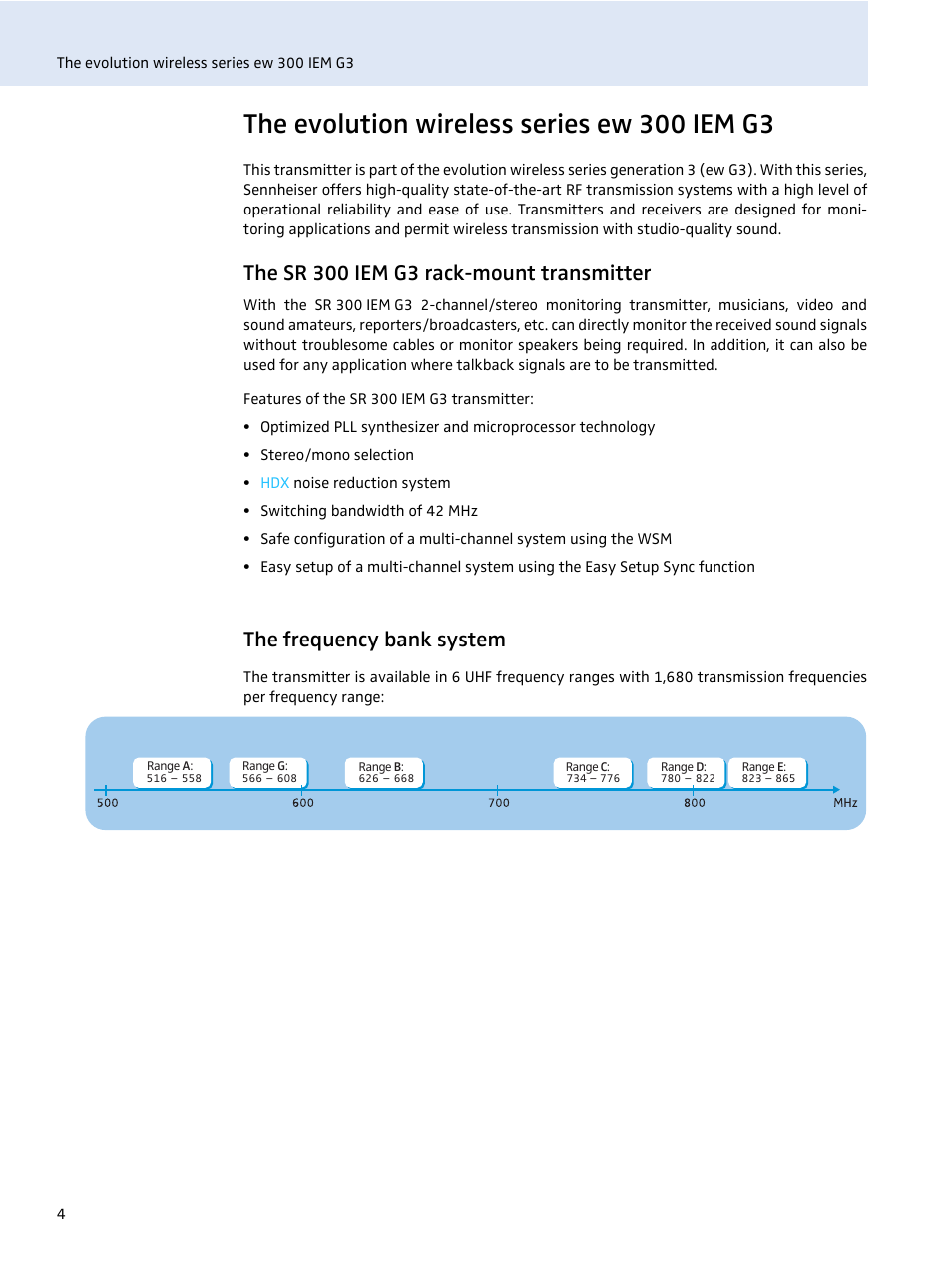 The evolution wireless series ew 300 iem g3, The sr 300 iem g3 rack-mount transmitter, The frequency bank system | Sennheiser evolution wireless SR 300 IEM User Manual | Page 6 / 30