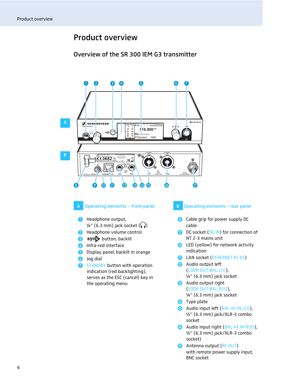 Product overview, Overview of the sr 300 iem g3 transmitter | Sennheiser evolution wireless SR 300 IEM User Manual | Page 8 / 30