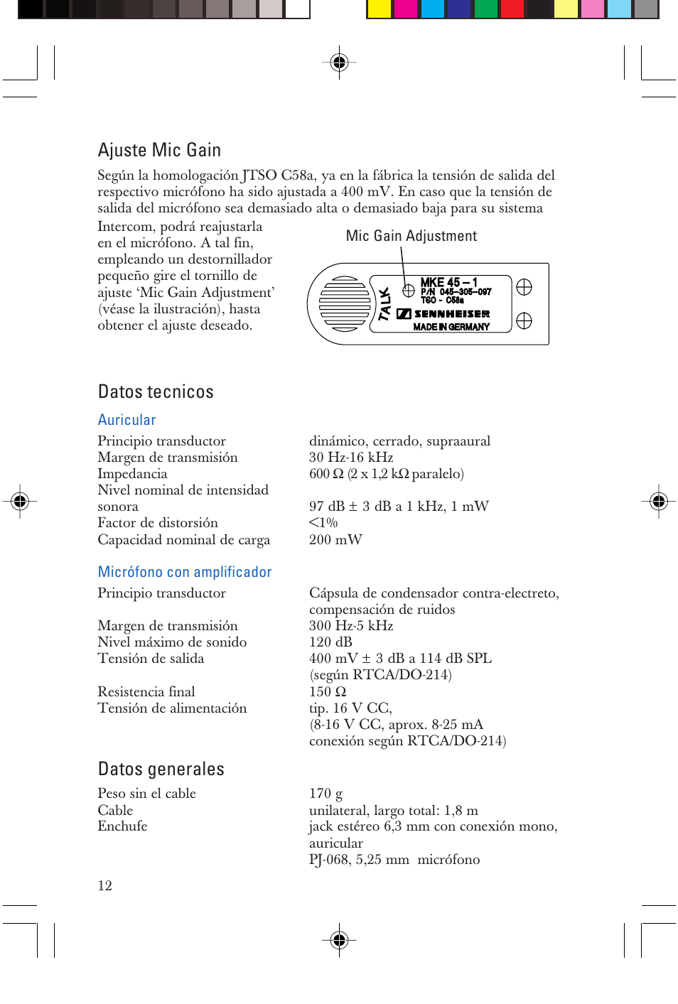 Datos tecnicos, Datos generales, Ajuste mic gain | Sennheiser P/N 025-250-015 User Manual | Page 12 / 16