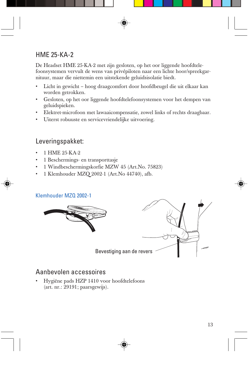 Hme 25-ka-2, Leveringspakket, Aanbevolen accessoires | Sennheiser P/N 025-250-015 User Manual | Page 13 / 16