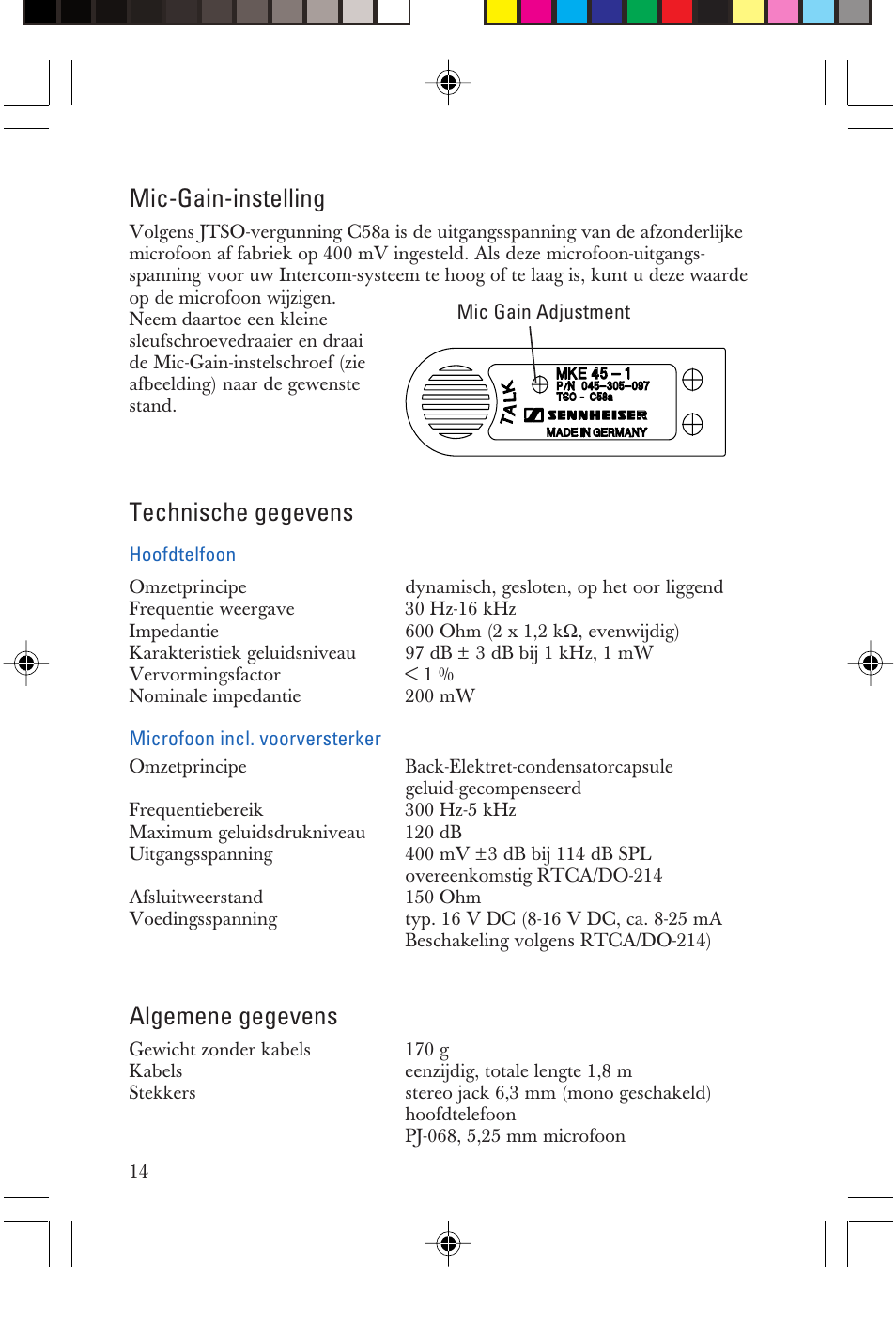 Technische gegevens, Algemene gegevens, Mic-gain-instelling | Sennheiser P/N 025-250-015 User Manual | Page 14 / 16