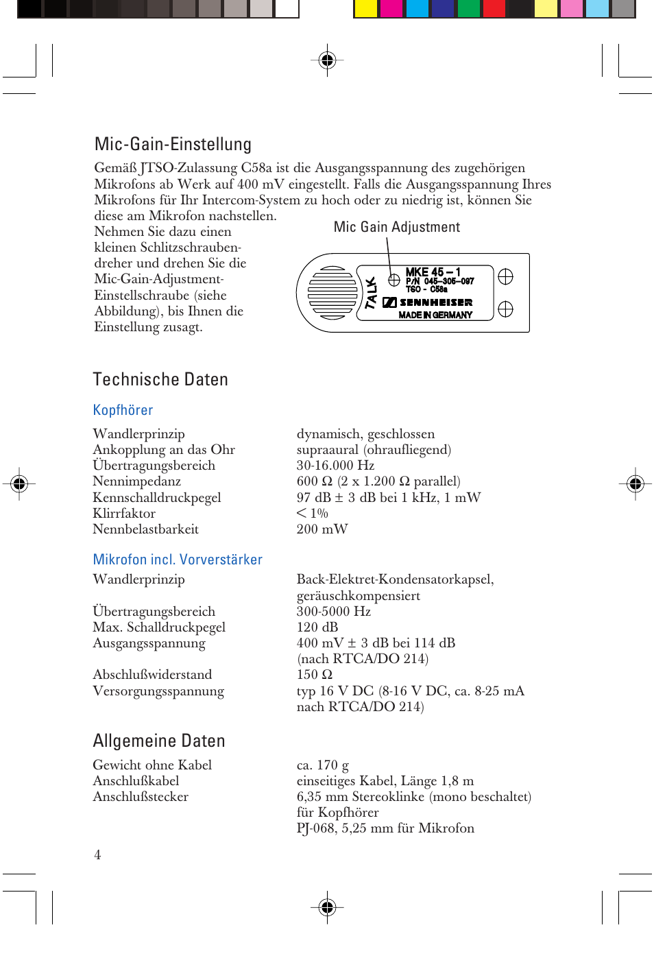 Technische daten, Allgemeine daten, Mic-gain-einstellung | Sennheiser P/N 025-250-015 User Manual | Page 4 / 16