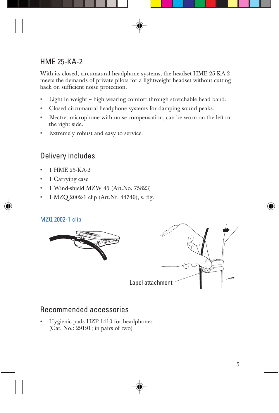 Hme 25-ka-2, Delivery includes, Recommended accessories | Sennheiser P/N 025-250-015 User Manual | Page 5 / 16