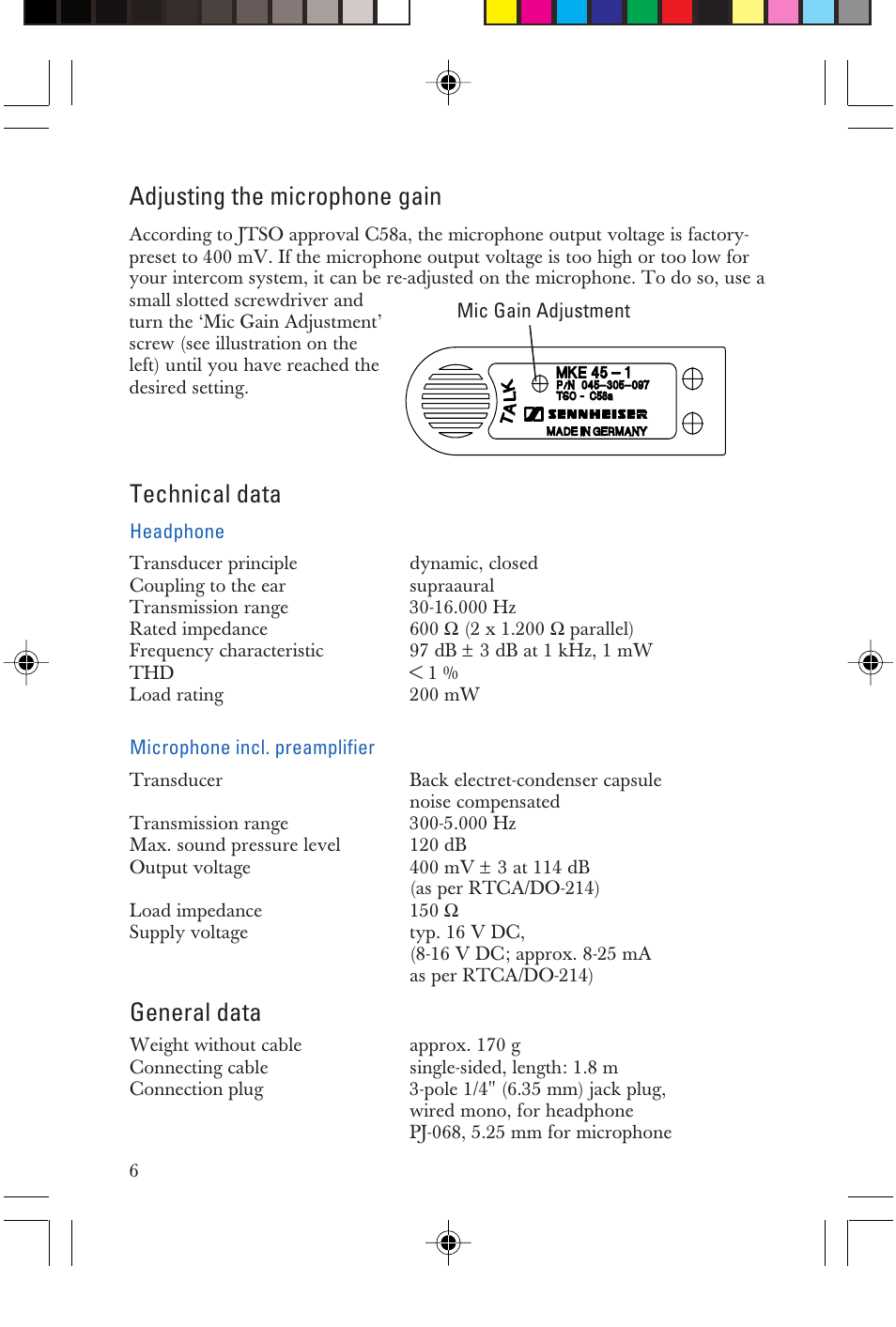 Technical data, General data, Adjusting the microphone gain | Sennheiser P/N 025-250-015 User Manual | Page 6 / 16