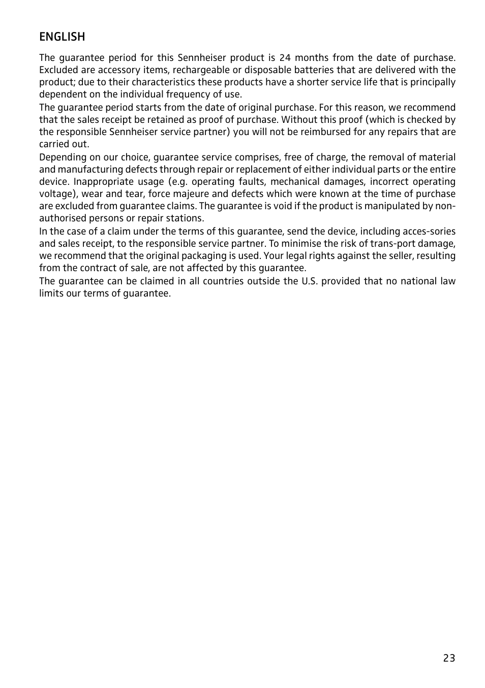 Guarantee | Sennheiser ASP 2 User Manual | Page 11 / 13