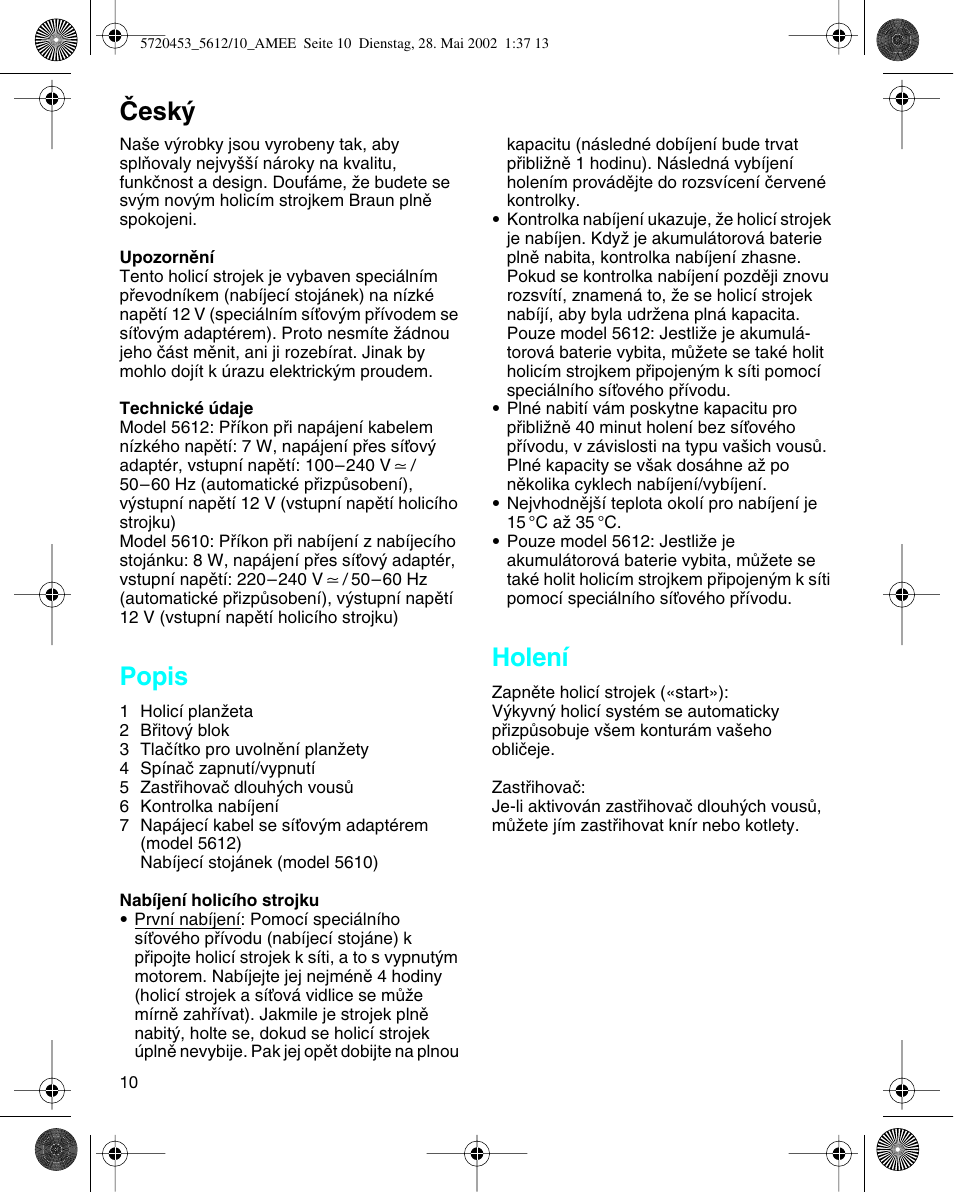 Cesky, Popis, Holení | Âesk | Braun 5612 User Manual | Page 10 / 38