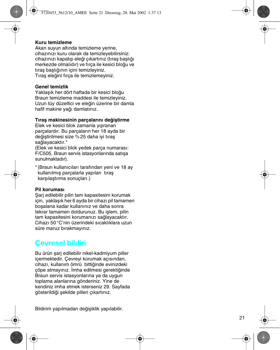 Çevresel bildiri | Braun 5612 User Manual | Page 21 / 38