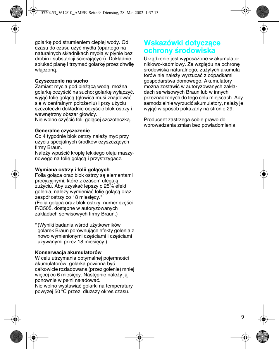 Wskazówki dotyczàce ochrony êrodowiska | Braun 5612 User Manual | Page 9 / 38