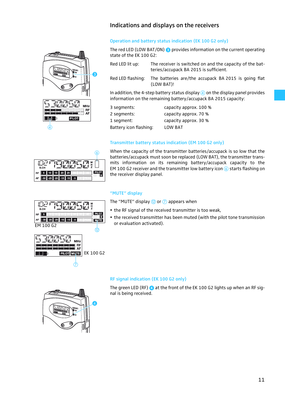 Indications and displays on the receivers, Mute” display, Rf signal indication (ek 100 g2 only) | Sennheiser EW100 G2 User Manual | Page 11 / 47