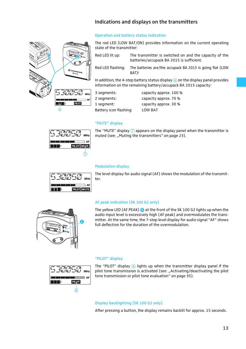 Indications and displays on the transmitters, Operation and battery status indication, Mute” display | Modulation display, Af peak indication (sk 100 g2 only), Pilot” display, Display backlighting (sk 100 g2 only) | Sennheiser EW100 G2 User Manual | Page 13 / 47