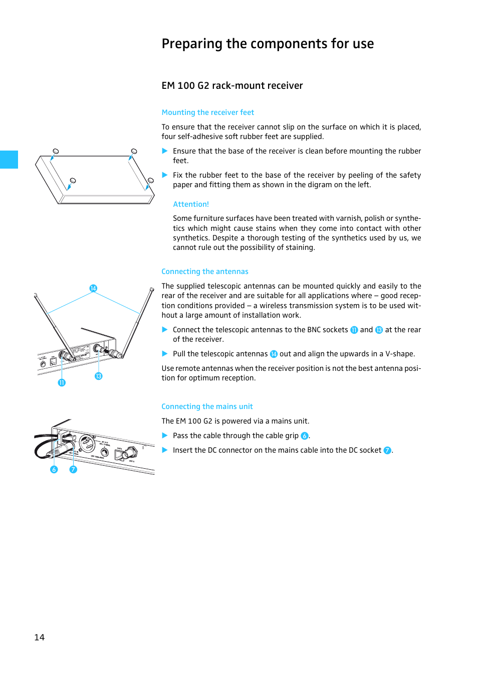 Preparing the components for use, Em 100 g2 rack-mount receiver, Mounting the receiver feet | Connecting the antennas, Connecting the mains unit | Sennheiser EW100 G2 User Manual | Page 14 / 47