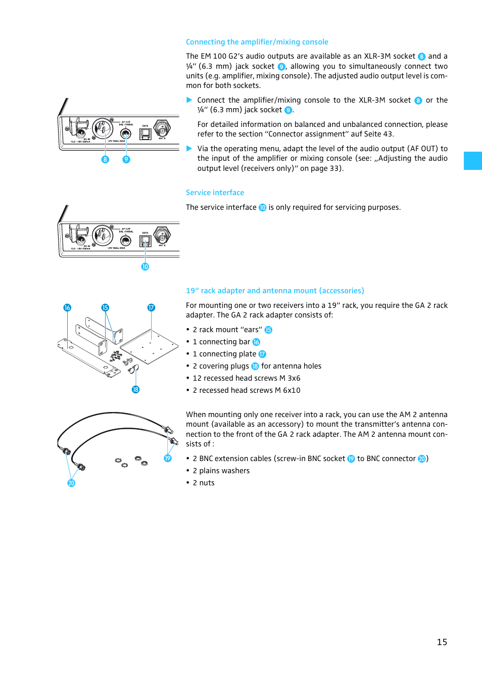 Connecting the amplifier/mixing console, Service interface, 19” rack adapter and antenna mount (accessories) | Sennheiser EW100 G2 User Manual | Page 15 / 47