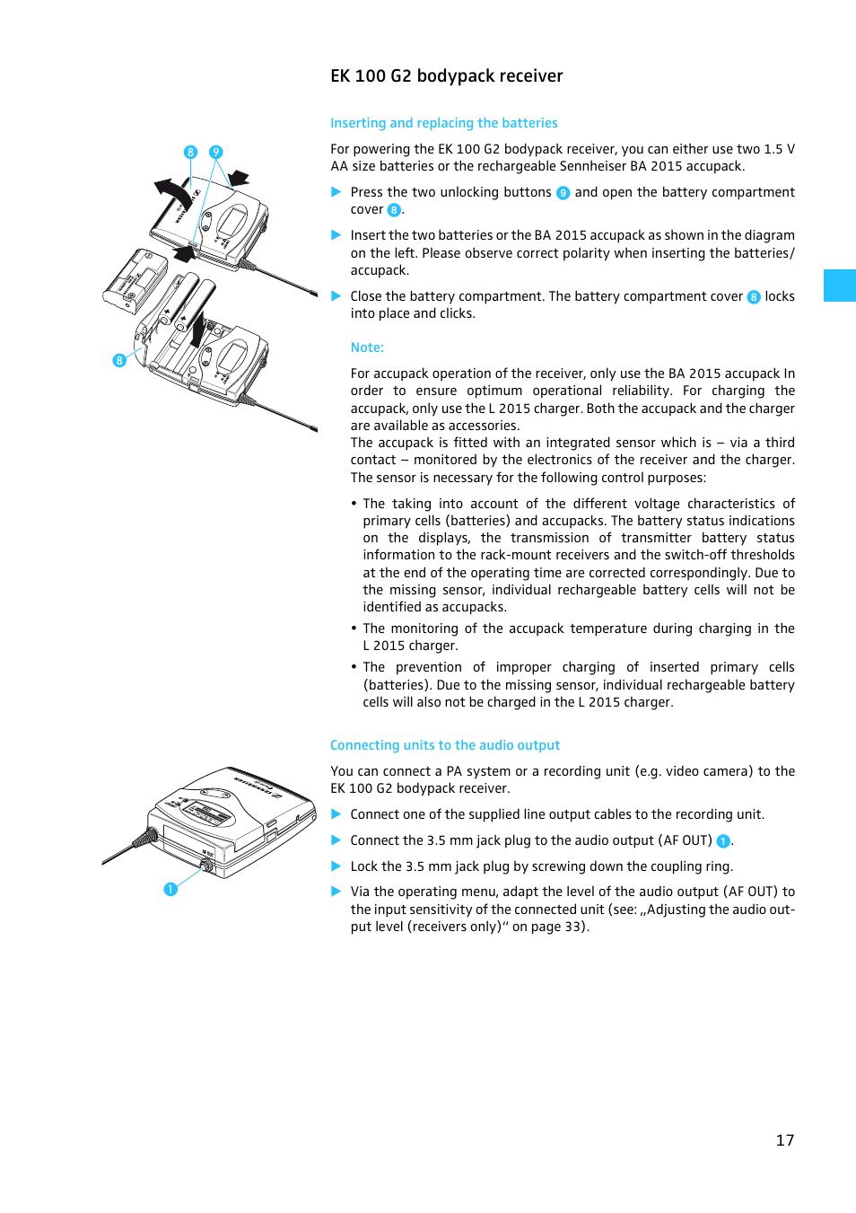 Ek 100 g2 bodypack receiver, Inserting and replacing the batteries, Connecting units to the audio output | Sennheiser EW100 G2 User Manual | Page 17 / 47