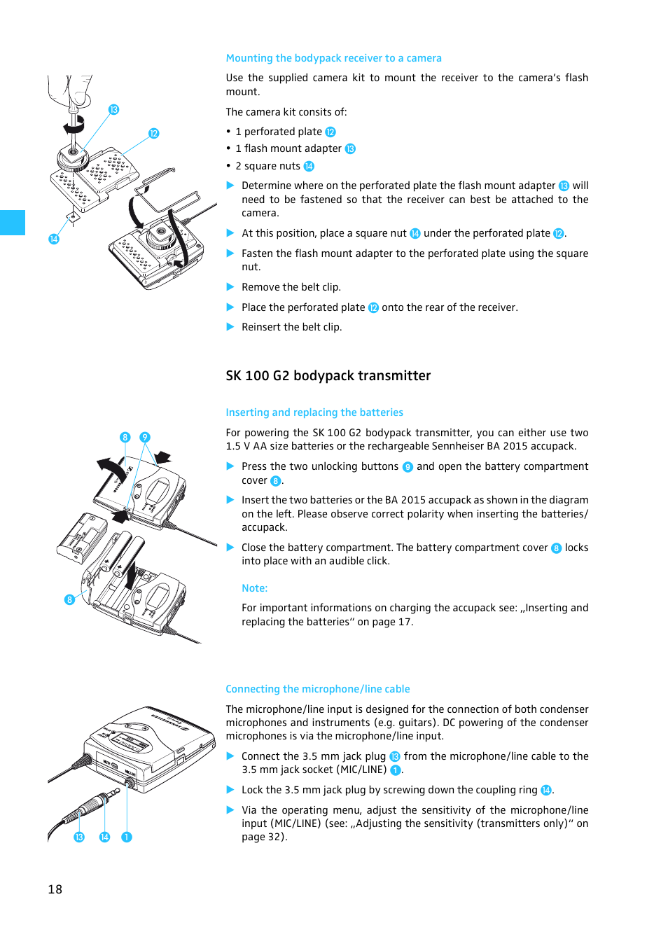 Mounting the bodypack receiver to a camera, Sk 100 g2 bodypack transmitter, Inserting and replacing the batteries | Connecting the microphone/line cable | Sennheiser EW100 G2 User Manual | Page 18 / 47
