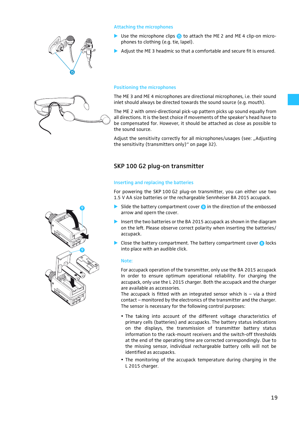 Attaching the microphones, Positioning the microphones, Skp 100 g2 plug-on transmitter | Inserting and replacing the batteries | Sennheiser EW100 G2 User Manual | Page 19 / 47