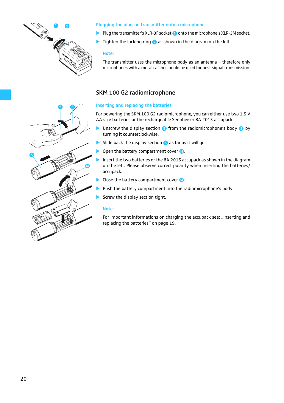 Plugging the plug-on transmitter onto a microphone, Skm 100 g2 radiomicrophone, Inserting and replacing the batteries | Sennheiser EW100 G2 User Manual | Page 20 / 47