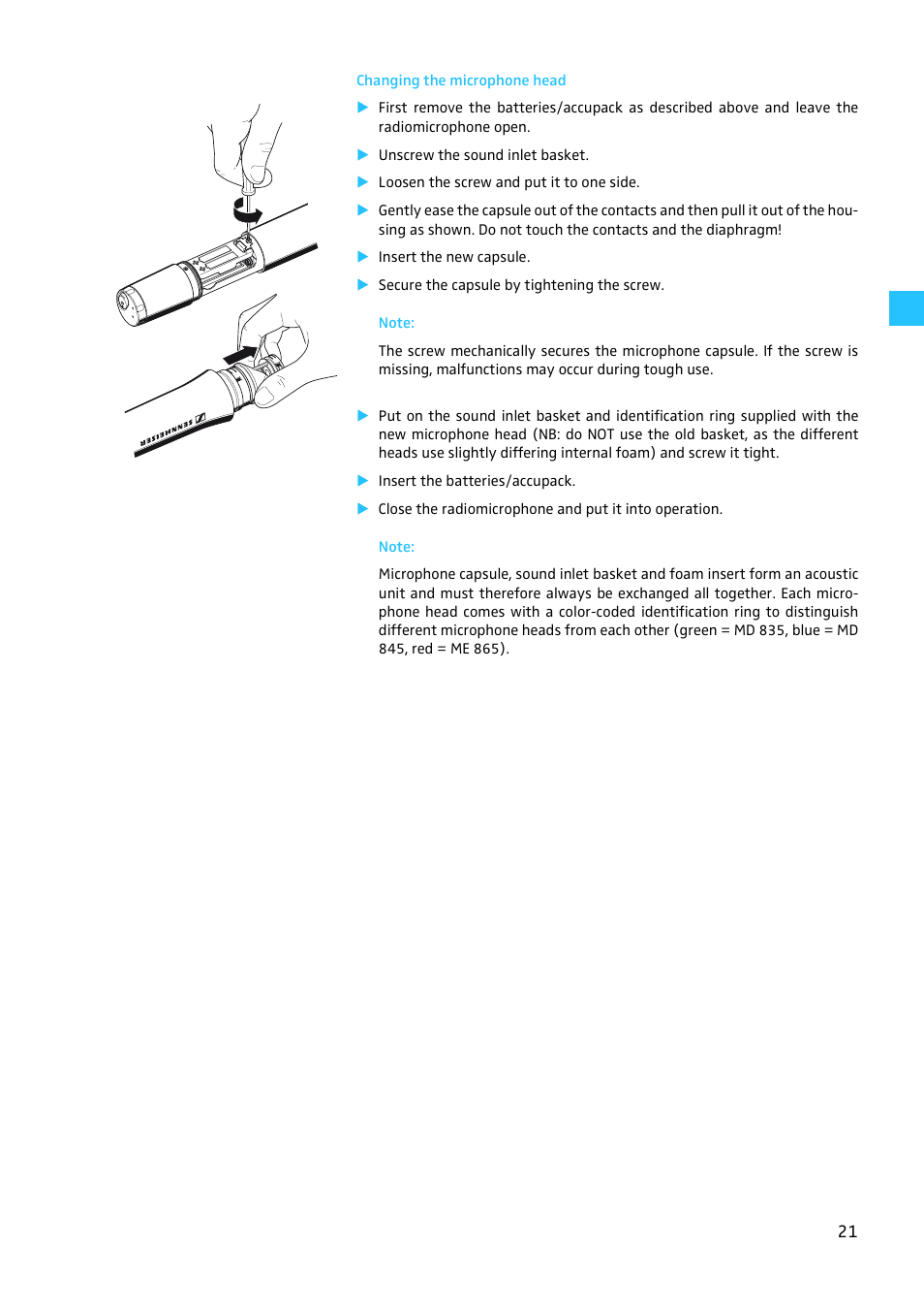 Changing the microphone head | Sennheiser EW100 G2 User Manual | Page 21 / 47