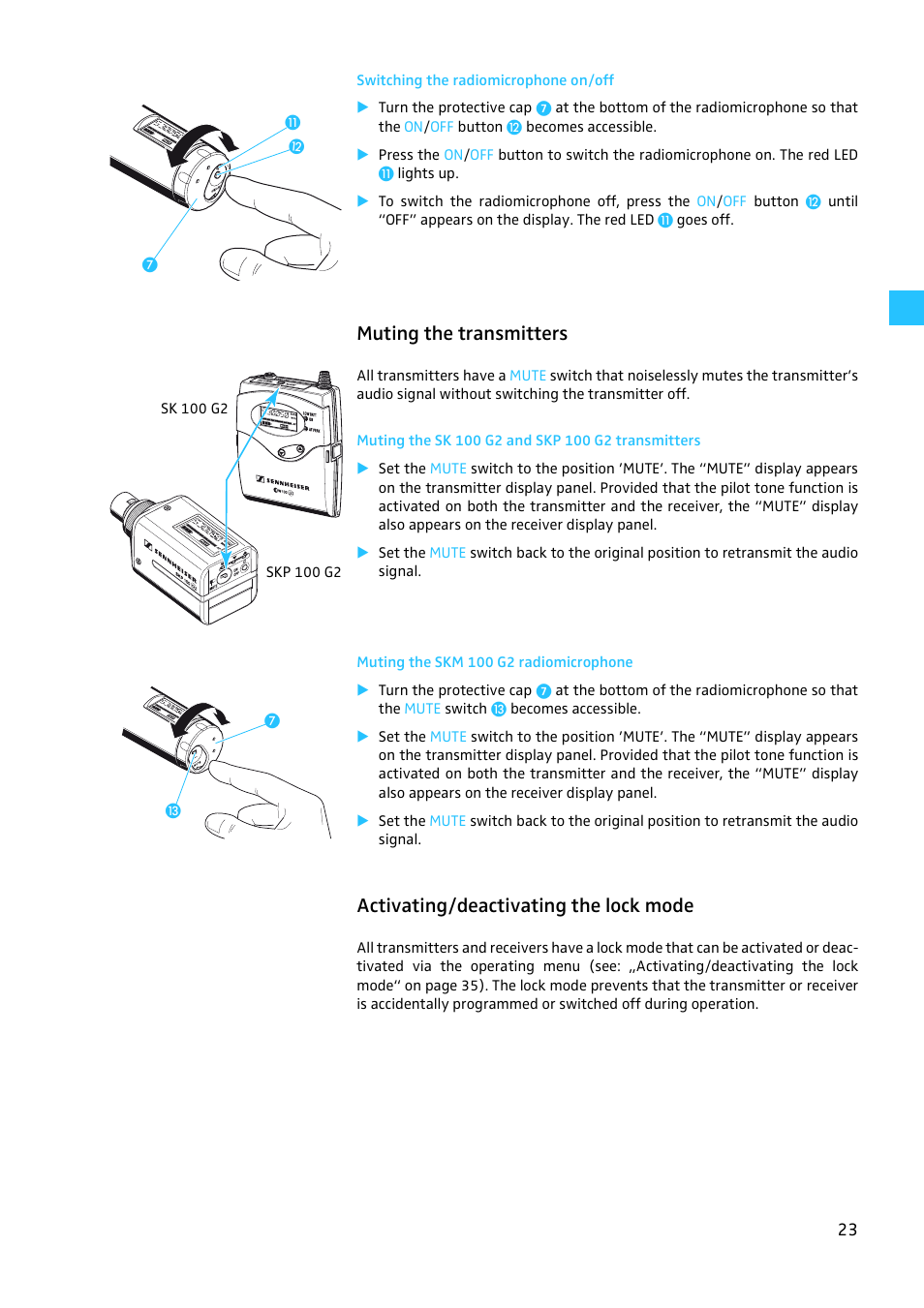 Switching the radiomicrophone on/off, Muting the transmitters, Muting the sk 100 g2 and skp 100 g2 transmitters | Muting the skm 100 g2 radiomicrophone, Activating/deactivating the lock mode | Sennheiser EW100 G2 User Manual | Page 23 / 47