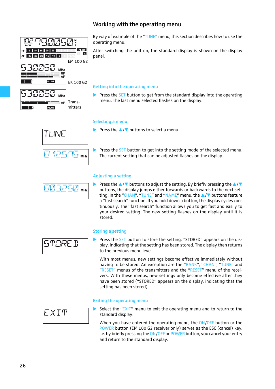 Working with the operating menu, Getting into the operating menu, Selecting a menu | Adjusting a setting, Storing a setting, Exiting the operating menu | Sennheiser EW100 G2 User Manual | Page 26 / 47