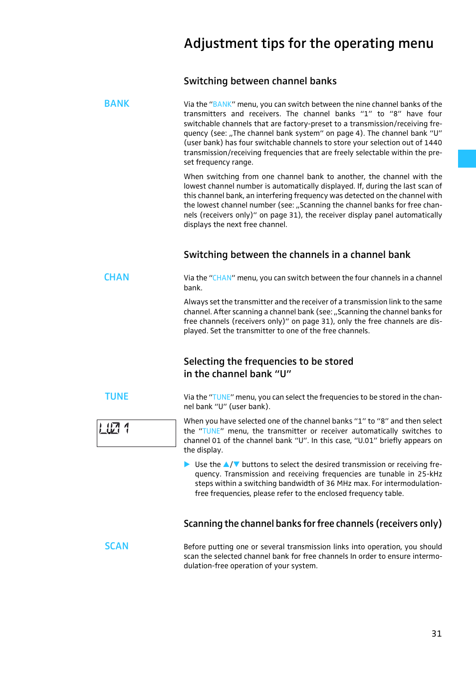 Adjustment tips for the operating menu, Switching between channel banks, Switching between the channels in a channel bank | Sennheiser EW100 G2 User Manual | Page 31 / 47