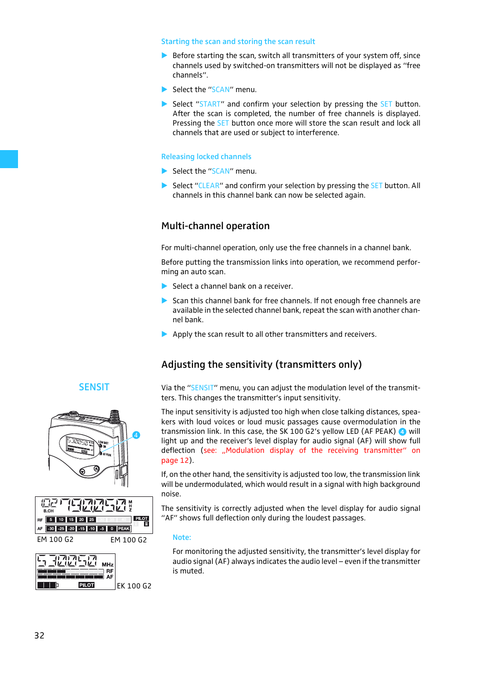 Starting the scan and storing the scan result, Releasing locked channels, Multi-channel operation | Adjusting the sensitivity (transmitters only) | Sennheiser EW100 G2 User Manual | Page 32 / 47