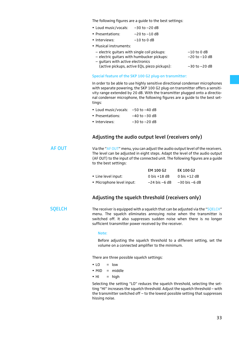 Adjusting the audio output level (receivers only), Adjusting the squelch threshold (receivers only) | Sennheiser EW100 G2 User Manual | Page 33 / 47