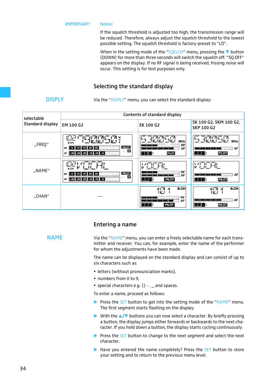Selecting the standard display, Entering a name, Selecting the standard display disply | Entering a name name | Sennheiser EW100 G2 User Manual | Page 34 / 47