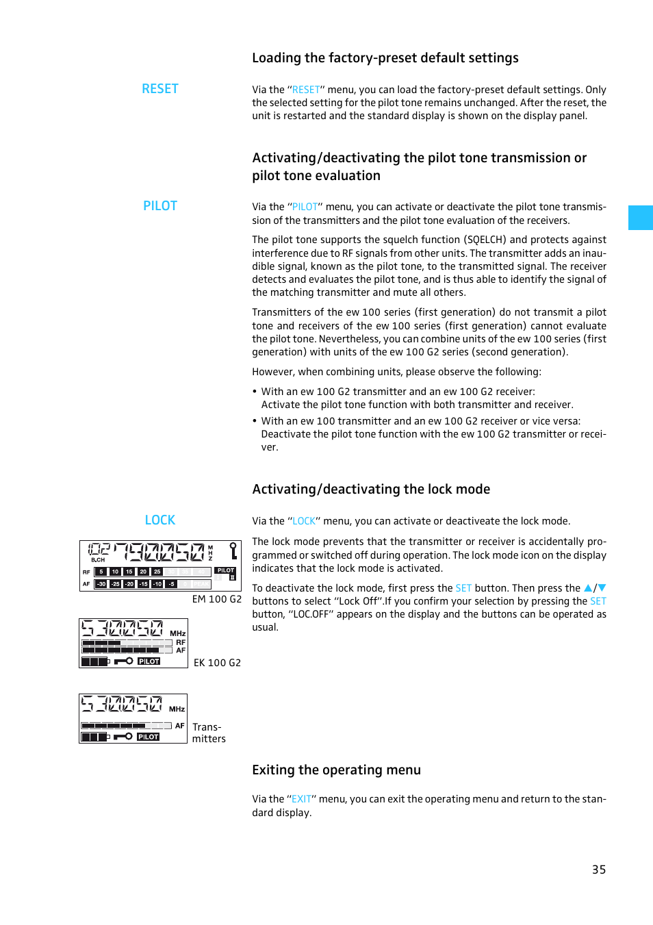 Loading the factory-preset default settings, Activating/deactivating the lock mode, Exiting the operating menu | Loading the factory-preset default settings reset, Activating/deactivating the lock mode lock | Sennheiser EW100 G2 User Manual | Page 35 / 47