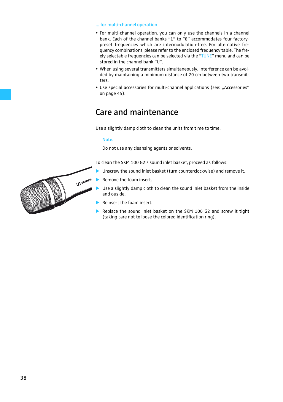 For multi-channel operation, Care and maintenance | Sennheiser EW100 G2 User Manual | Page 38 / 47