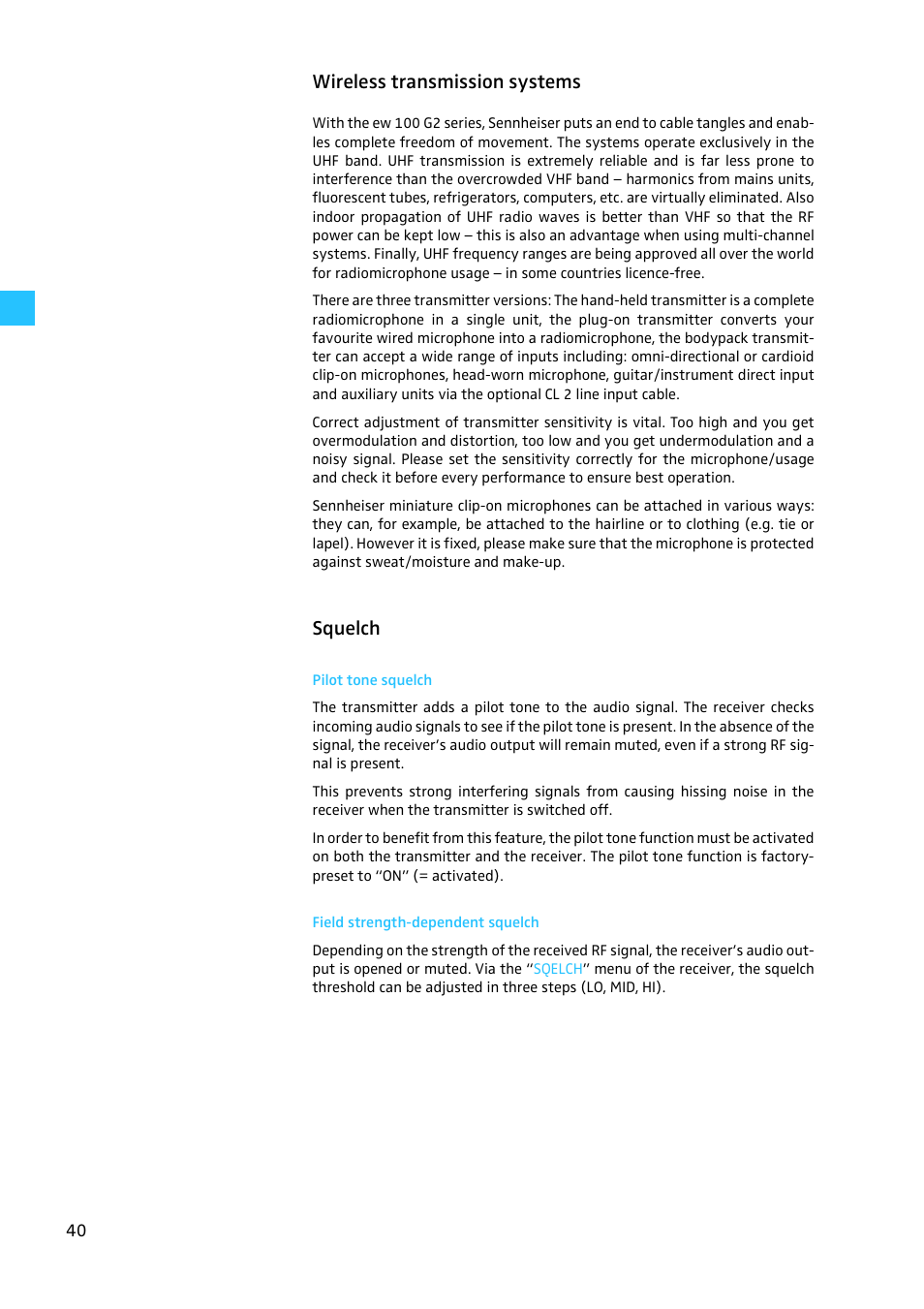 Wireless transmission systems, Squelch, Pilot tone squelch | Field strength-dependent squelch | Sennheiser EW100 G2 User Manual | Page 40 / 47