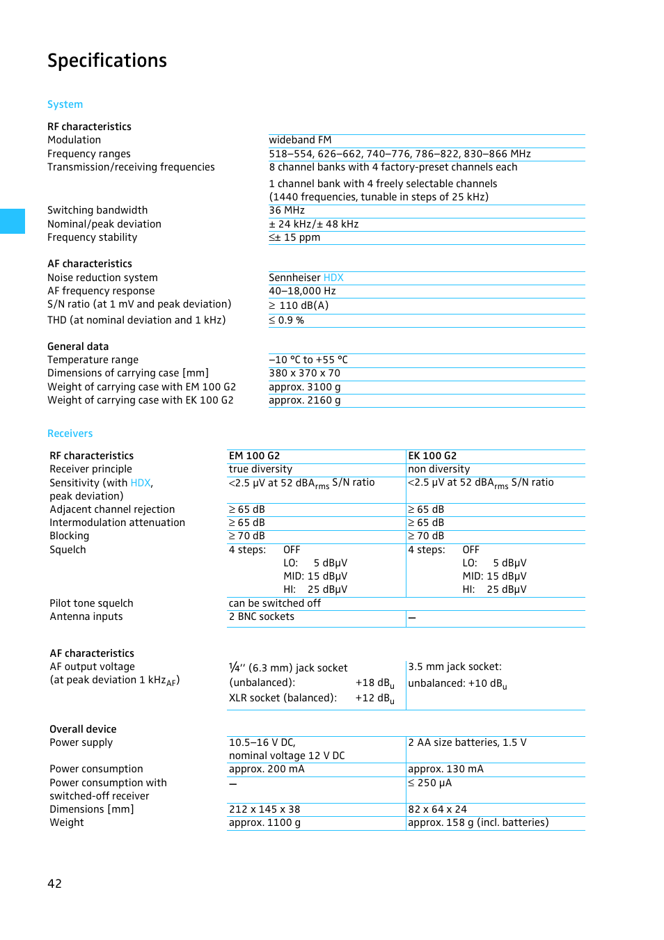 Specifications, System, Receivers | Sennheiser EW100 G2 User Manual | Page 42 / 47