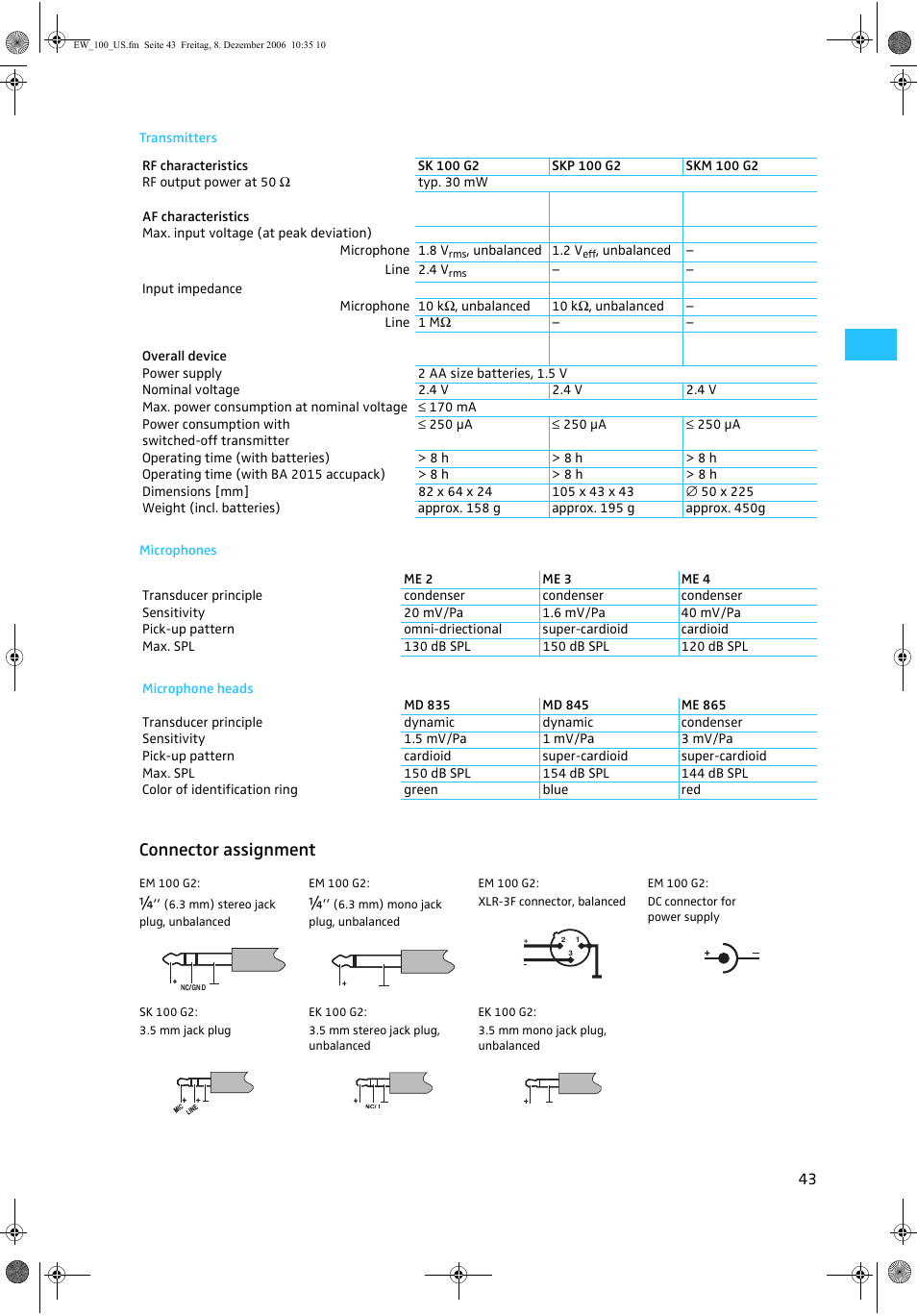 Transmitters, Microphones, Microphone heads | Connector assignment | Sennheiser EW100 G2 User Manual | Page 43 / 47